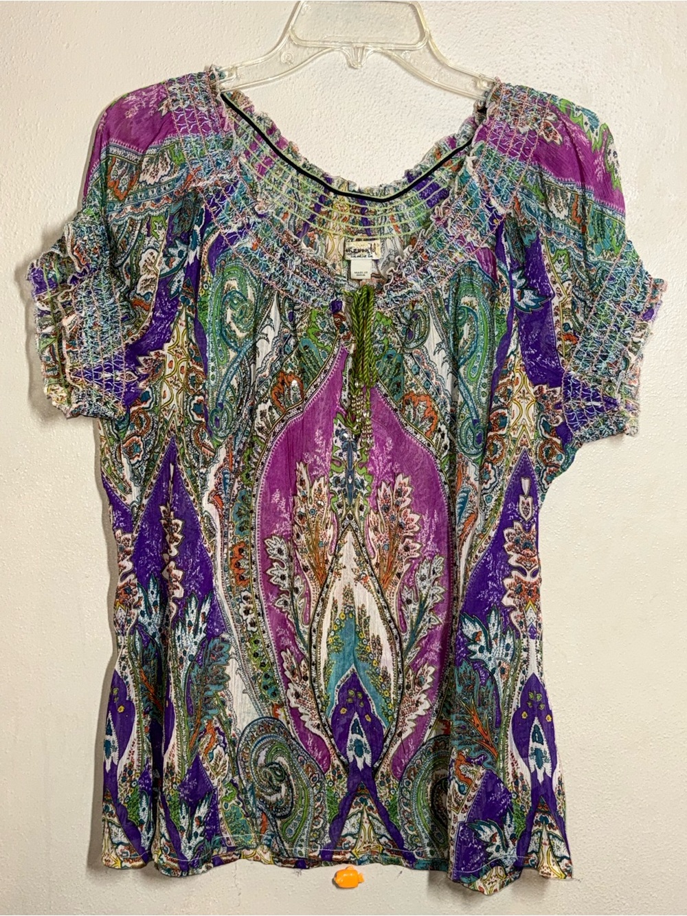 Women’s One World Boho Paisley Smocked Neck Short-Sleeve Top sz 1X